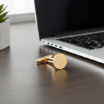gold Heart patterned cufflinks on a desk in a workplace setting from the wandering jewel
