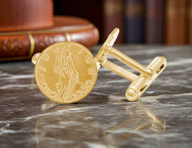 gold Lady Justice cufflinks on a black marble table in a library from the wandering jewel