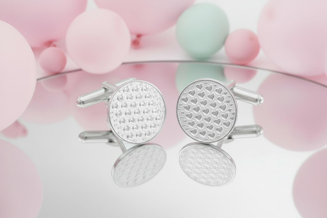 silver tiny heart patterned cufflinks from the wandering jewel on a mirrored table with pastel balloons in the background