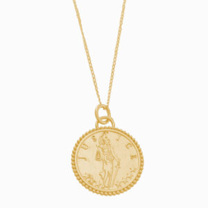 Gold Lady Justice pendant she is holding scales and a sword
