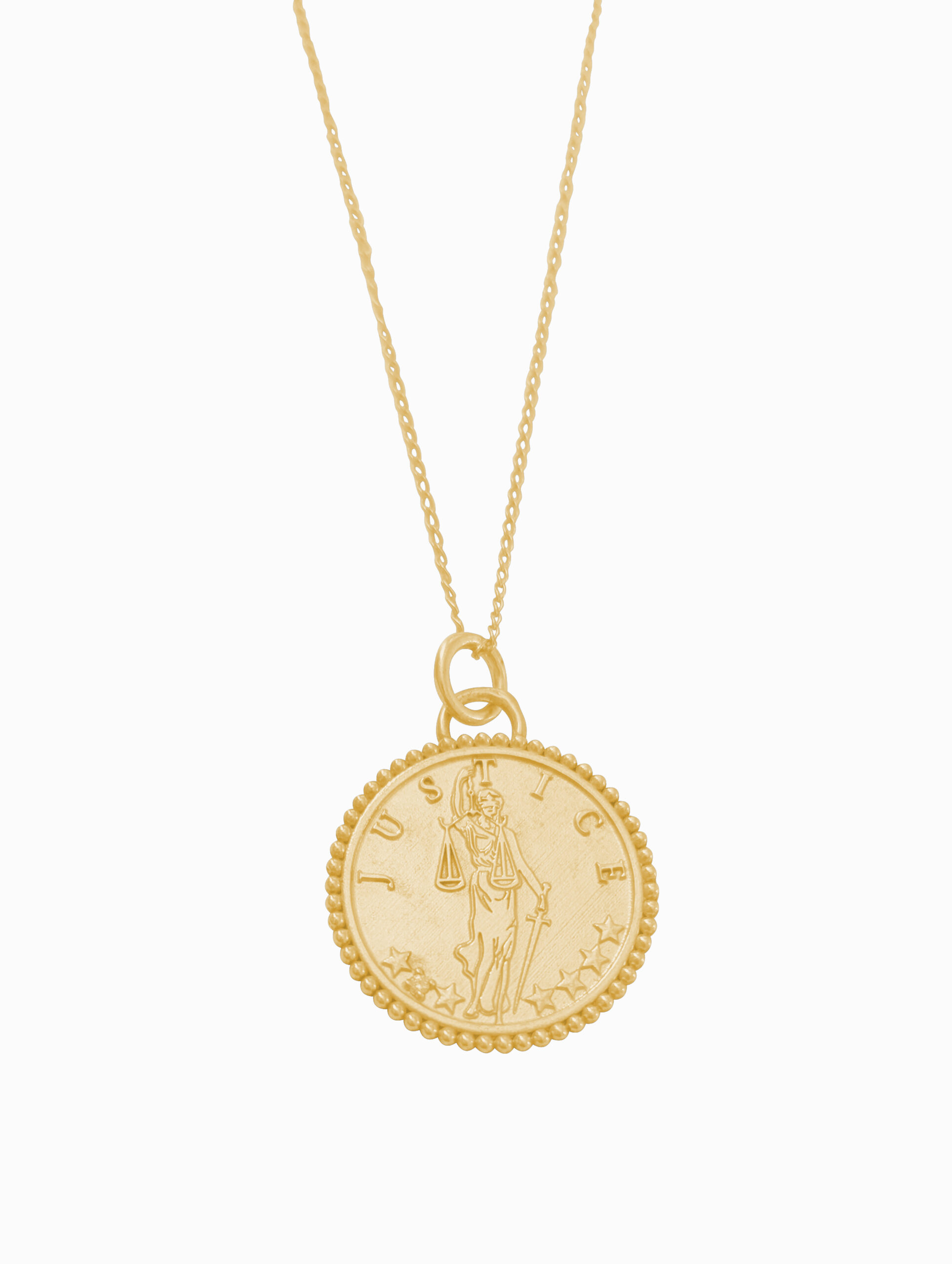 Gold Lady Justice pendant she is holding scales and a sword