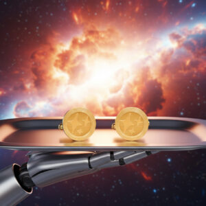 cufflinks with AI stars on the face being served on a tray by a robot under a supernova