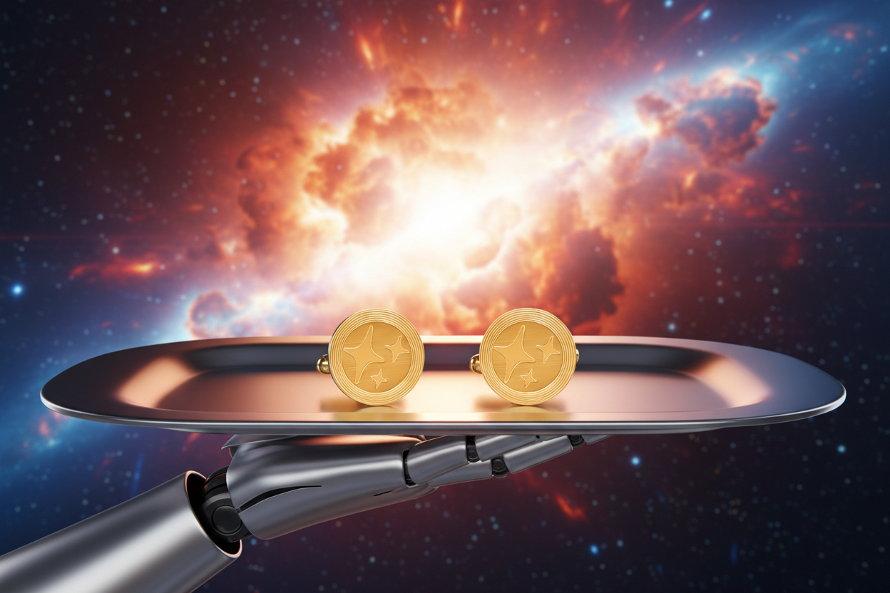 cufflinks with AI stars on the face being served on a tray by a robot under a supernova