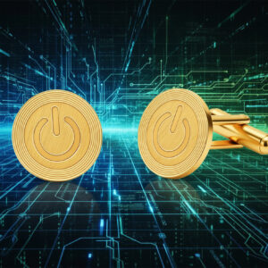 Gold power button Cufflinks from the wandering jewel on a neon information highway