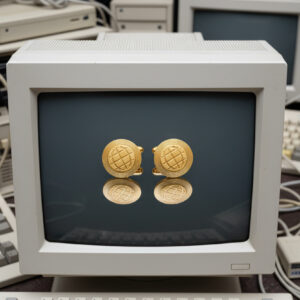 Gold www Interweb symbol cufflinks from the wandering jewel surrounded by old Apple computers and keyboards