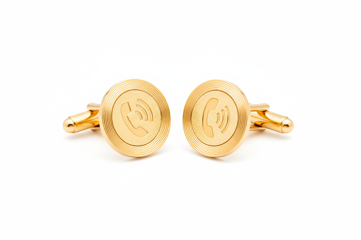 gold telephone receiver cufflinks from the wandering jewel set in front of a white background