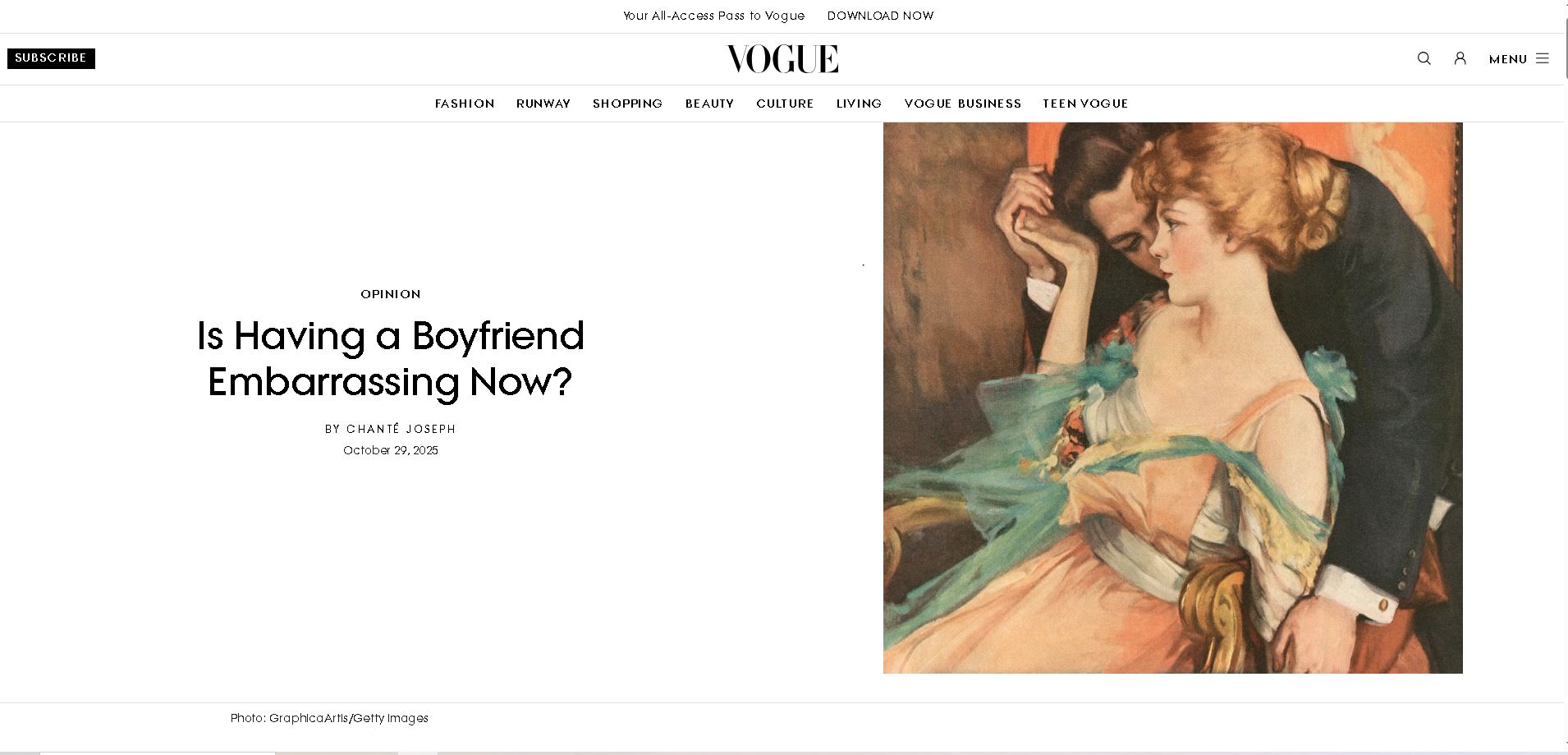 cover of Vogue article is having a boyfriend embarrassing now? featuring a woman in the embrace of a man