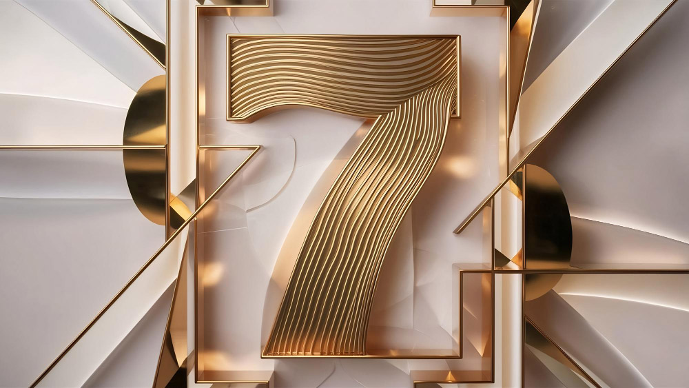 Flat lay of number 7 necklaces, chains, and pendants