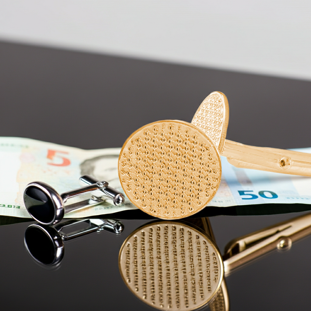 Gold dollar sign pattern cufflinks from the wandering jewel resting on a bed of foreign currency