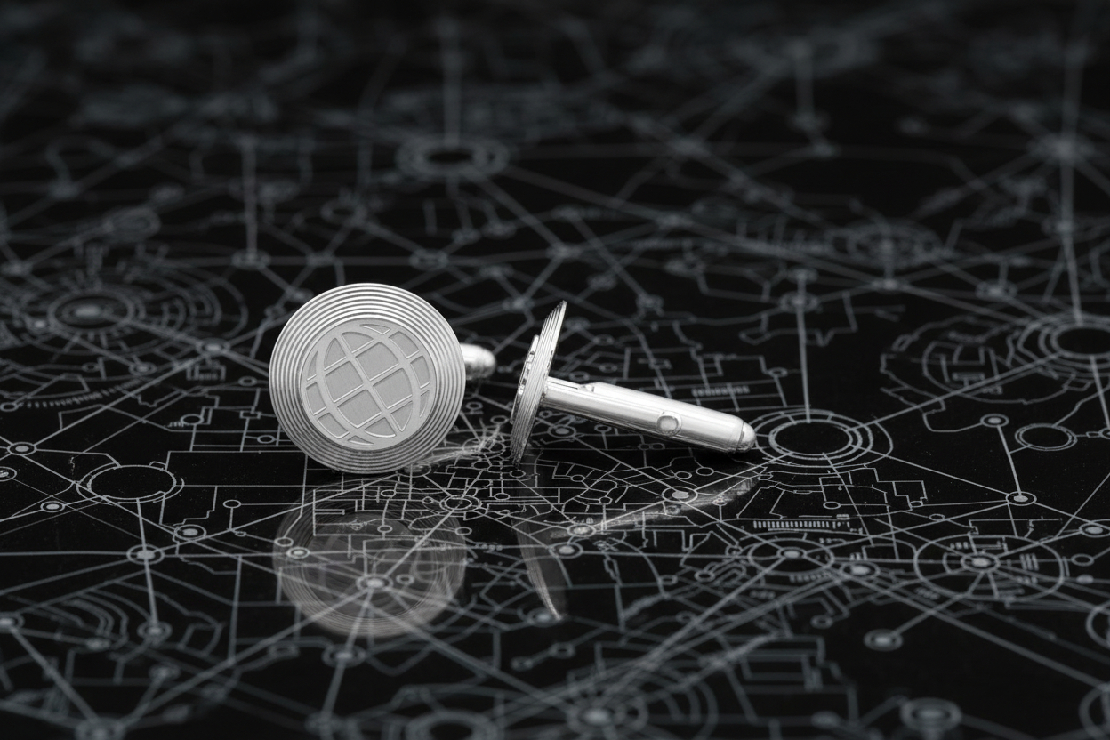 Cufflinks with the www world symbol on the face and shaped like a gold resting on a black marble surface that outlines a map