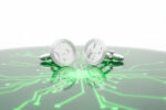 cufflinks with Ai symbol on the face resting on a marble table with a neurolink pattern in green