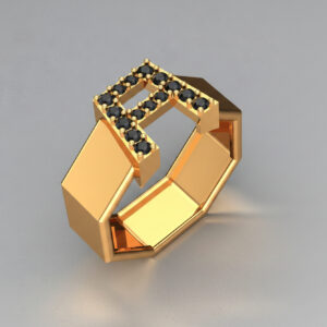 8 sided Gold ring with black diamonds shaped in the letter A